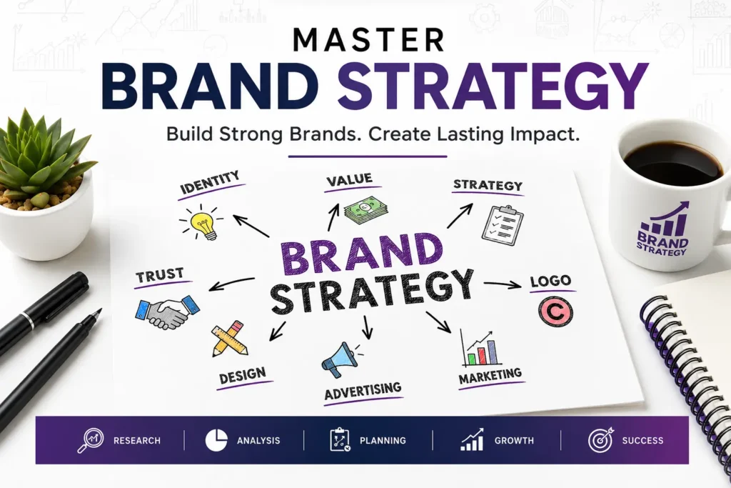 Modern brand strategy concept illustration showing branding elements like identity, marketing, logo, trust, design, and business planning for a brand strategy course.