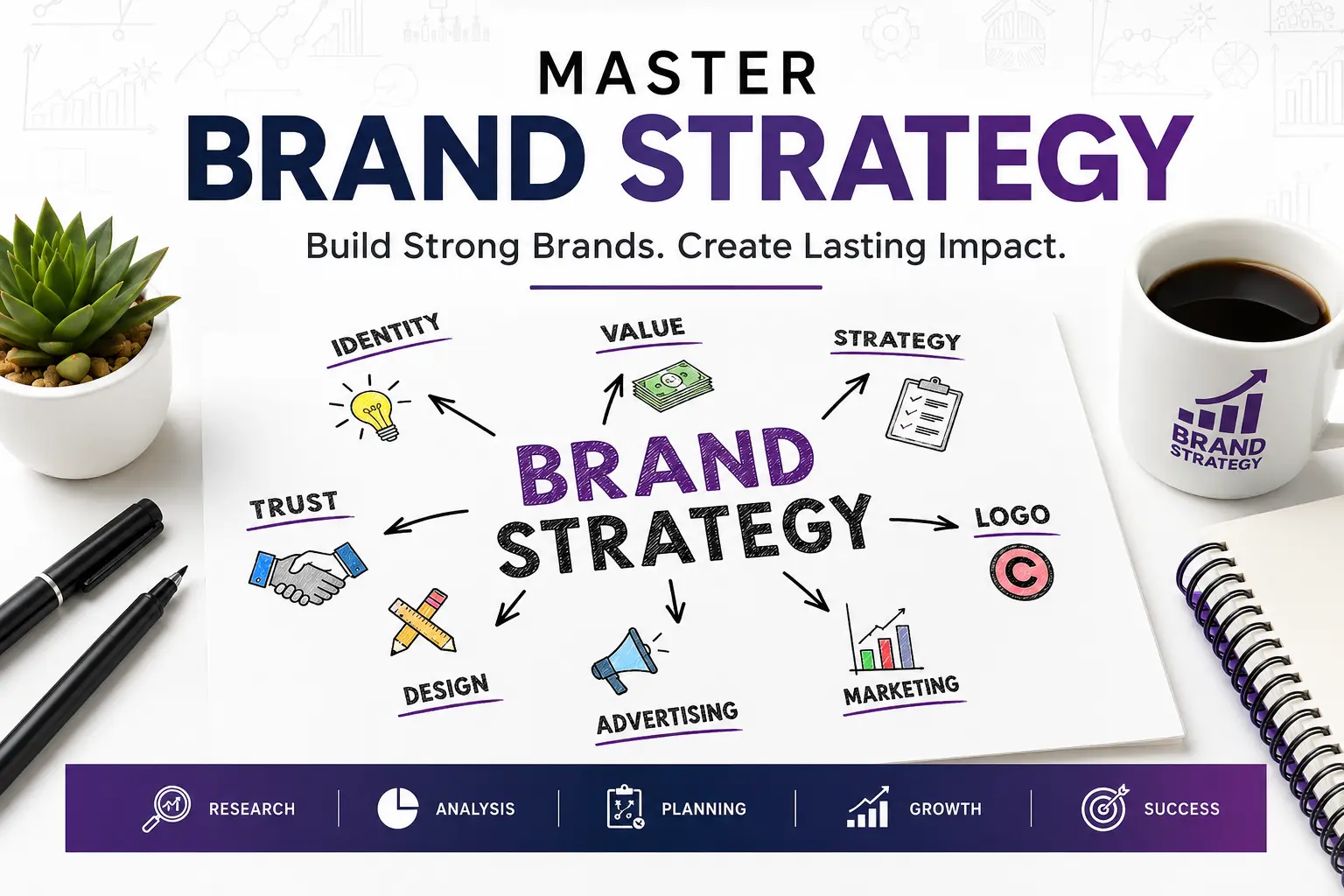 Modern brand strategy concept illustration showing branding elements like identity, marketing, logo, trust, design, and business planning for a brand strategy course.