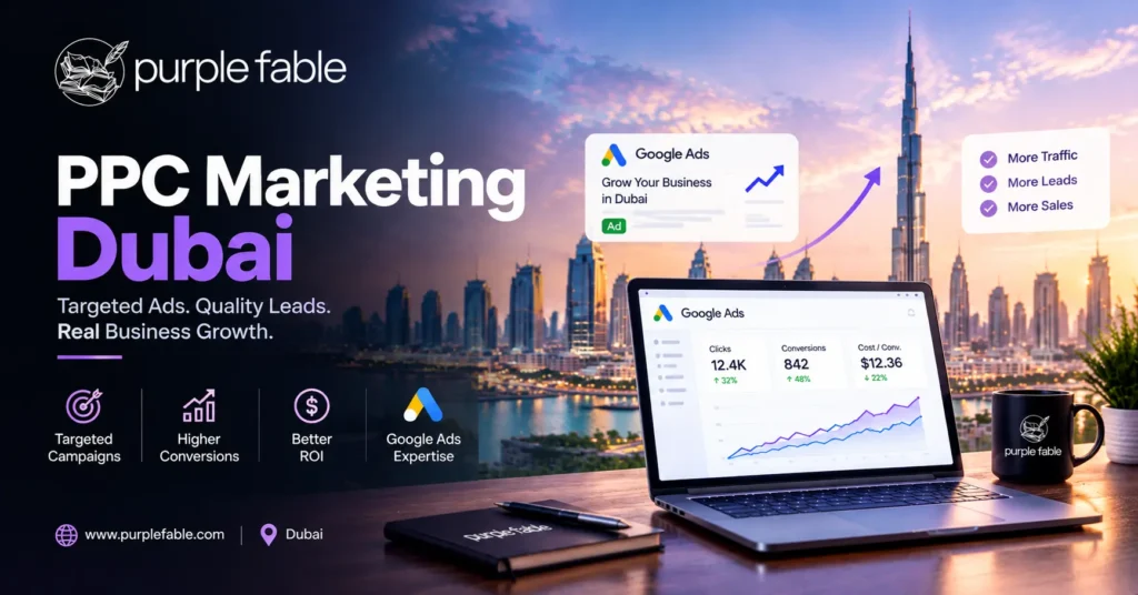 PPC Marketing Dubai services by Purple Fable with Dubai skyline and Google Ads analytics