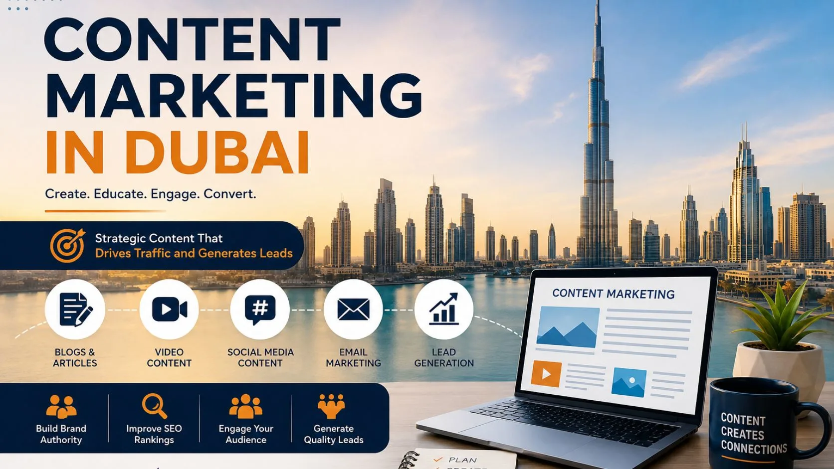 Content Marketing in Dubai infographic by Purple Fable featuring the Dubai skyline, content strategy, SEO, blogs, social media marketing, email marketing, and lead generation services.