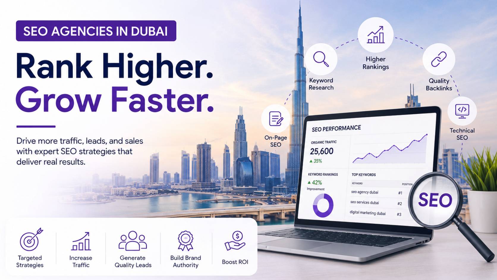 SEO Agencies in Dubai banner featuring the Dubai skyline, a laptop displaying SEO performance analytics, and icons representing keyword research, on-page SEO, technical SEO, backlinks, and higher rankings. The design uses Purple Fable's purple branding with the headline "Rank Higher. Grow Faster." to promote professional SEO services for businesses in Dubai.