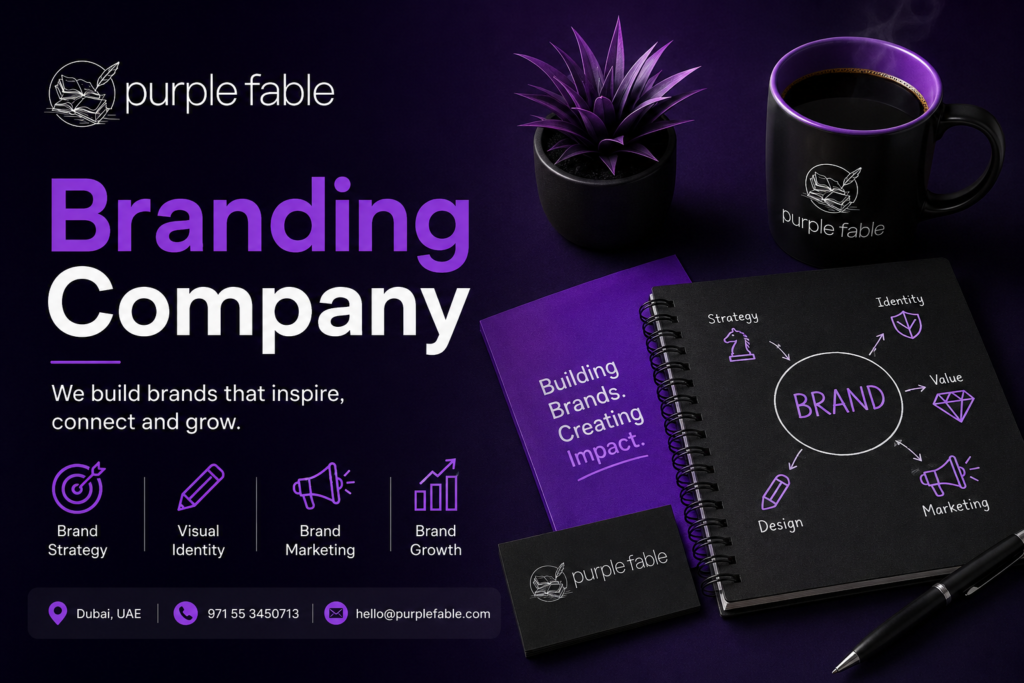 Purple Fable branding company feature image showcasing brand strategy, visual identity, brand marketing, brand growth, and Dubai contact details.