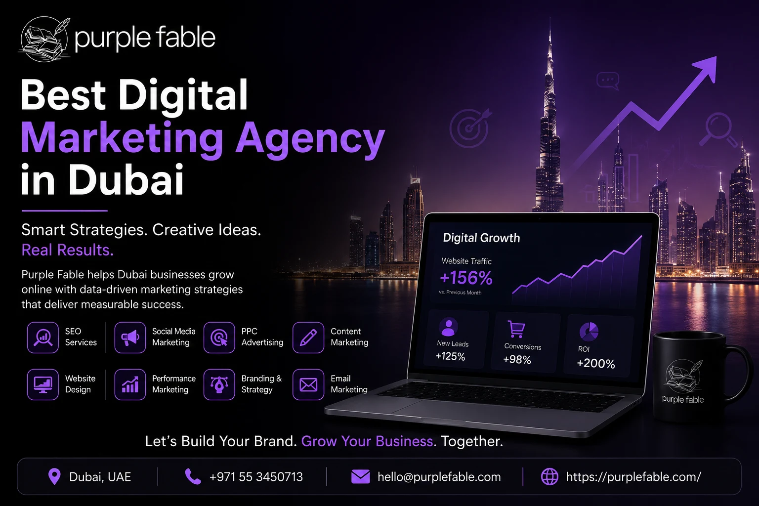 Best digital marketing agency in Dubai offering SEO, PPC, social media marketing, branding, and web design services by Purple Fable.